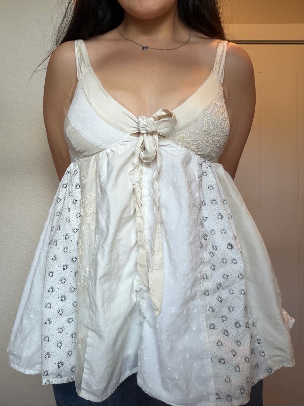 Lithe Anthropology Ivory Eyelet Tie-Front Babydoll Tank